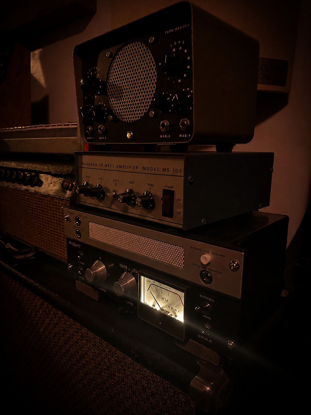A close view of listening and amplifier equipment in the Museum of Being working room